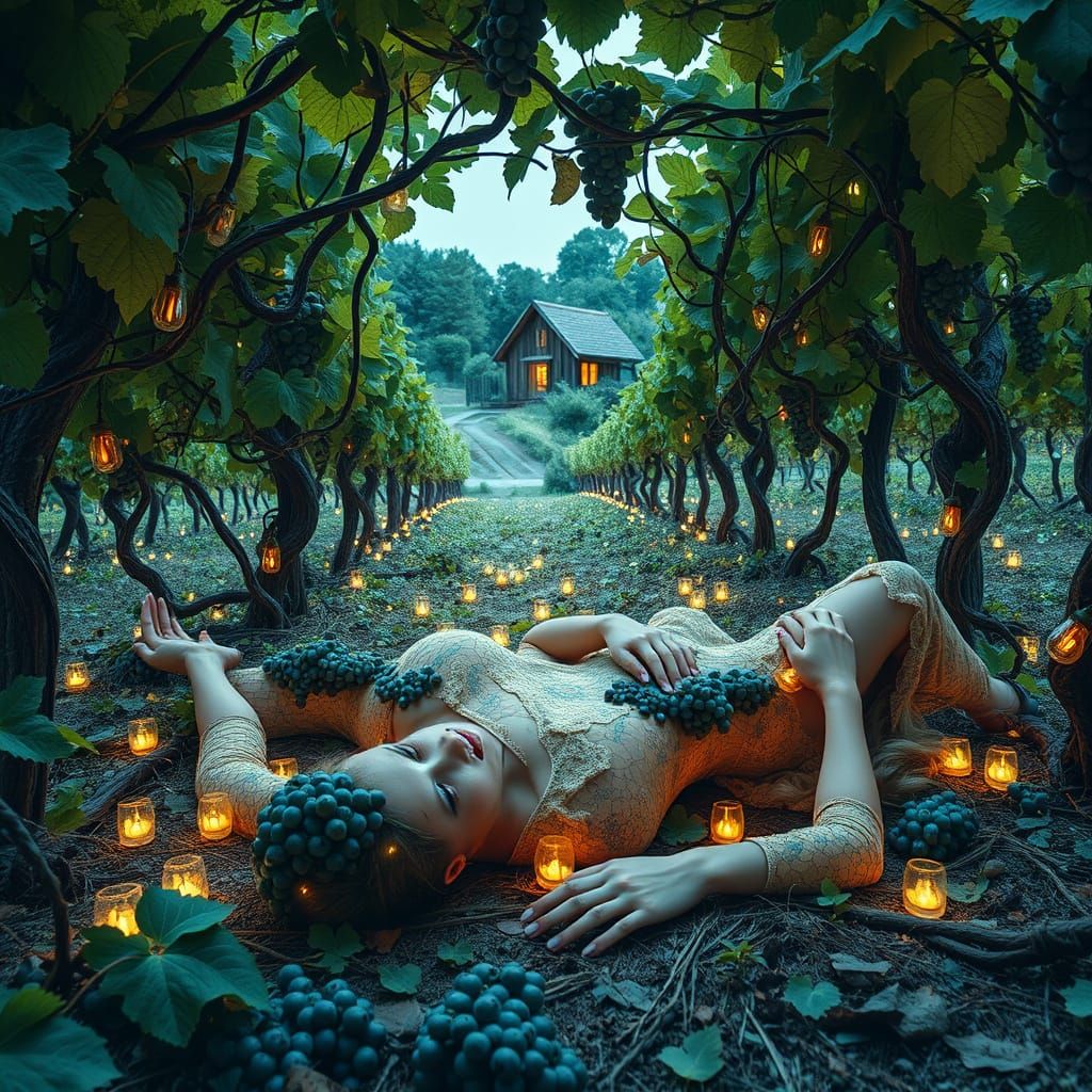 Woman Transformed into Lush Vineyard Landscape in Whimsical,...