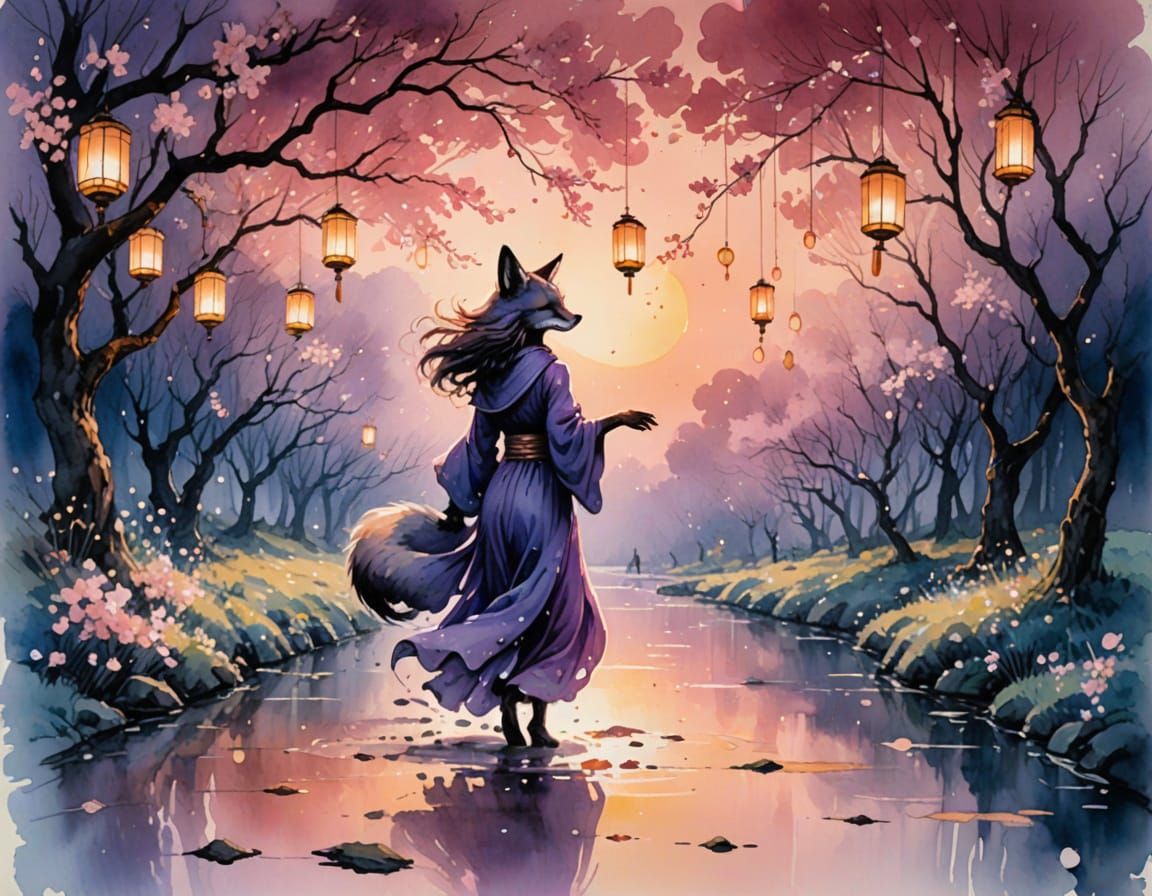 Fox Spirit Dance in Cherry Orchard, Digital Matte Painting