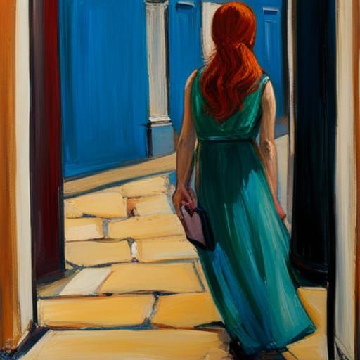 Girl in Green Dress, Oil Painting Style