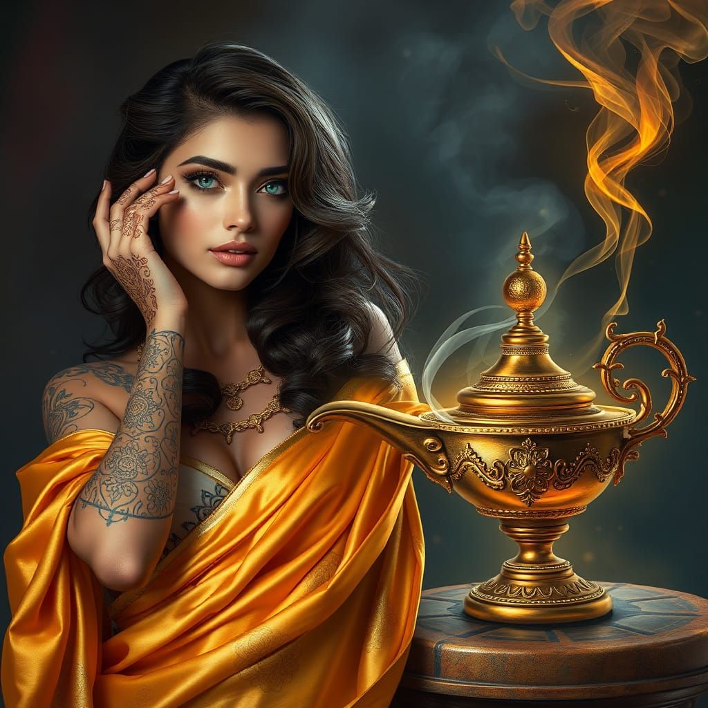 Genie Emerges from Lamp in Fantastical Realism