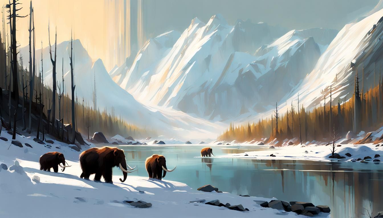Alaskan Wilderness with Mammoths in Digital Pastel Style