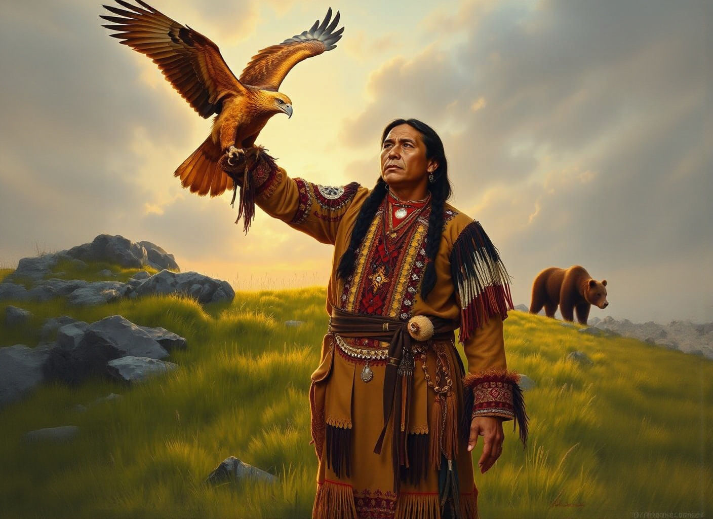 Native American Man with Eagle in Realism Style