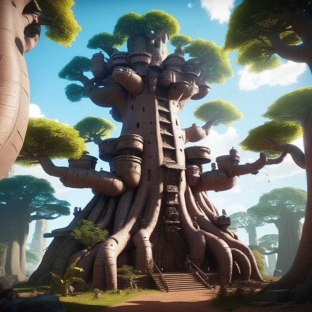 Mecha Castle Within a Majestic Baobab