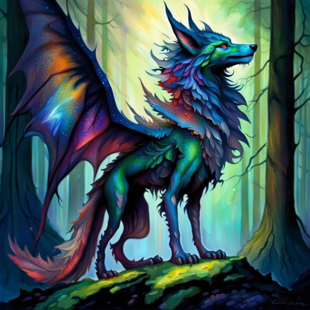 Winged Dragon Wolf in Cosmic Forest
