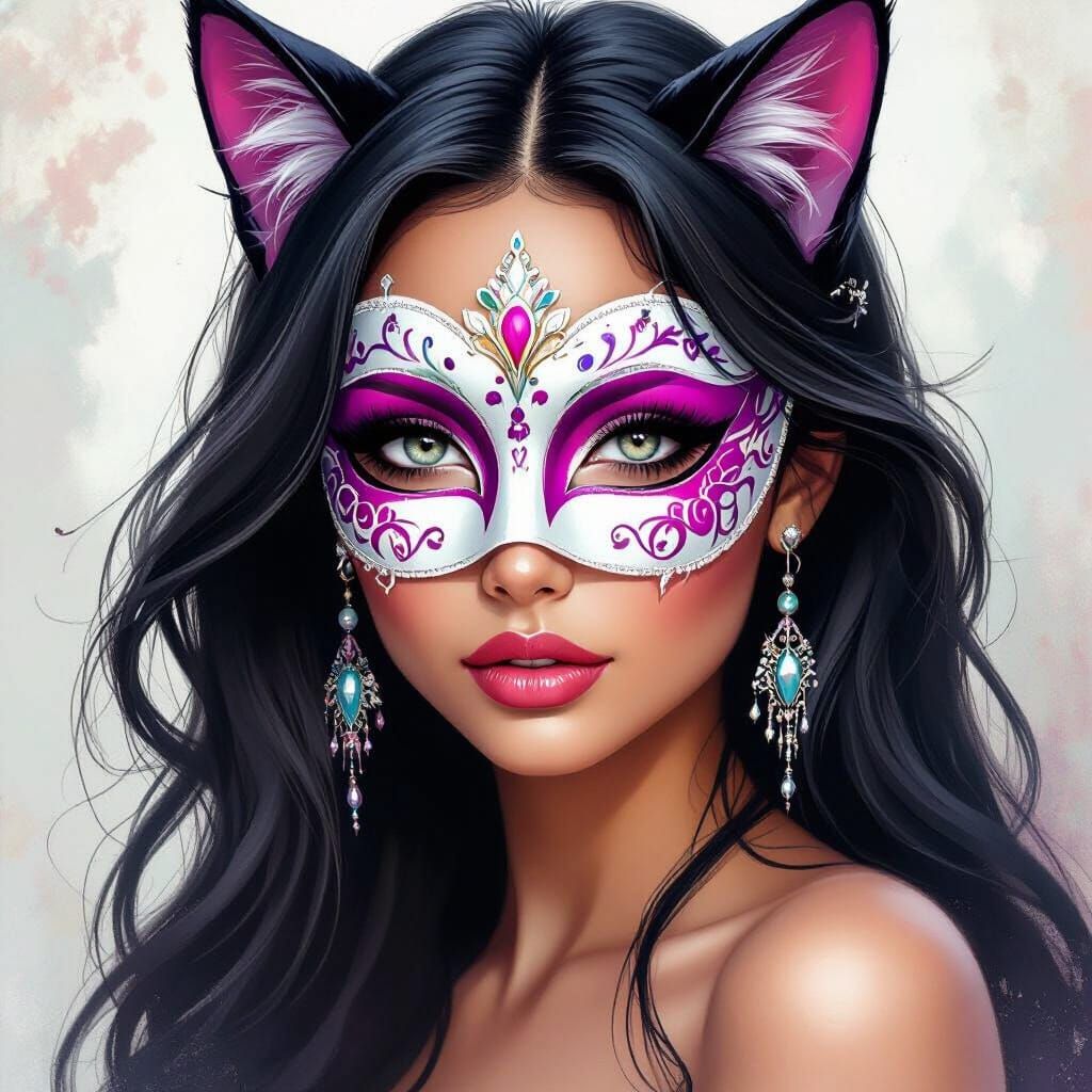 Woman in Mexican Mask with Cat Ears Fantasy Art
