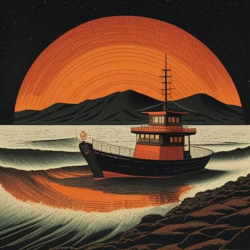 Black Island Scene in Wood Engraving Style