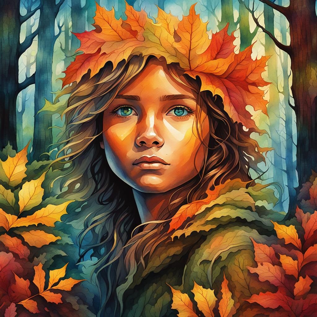 Autumnal Forest Girl in Watercolor Portrait