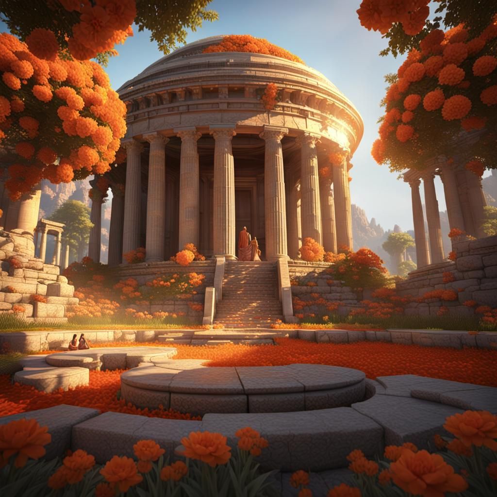 Fiery Greek Temple Surrounded by Floral Gardens