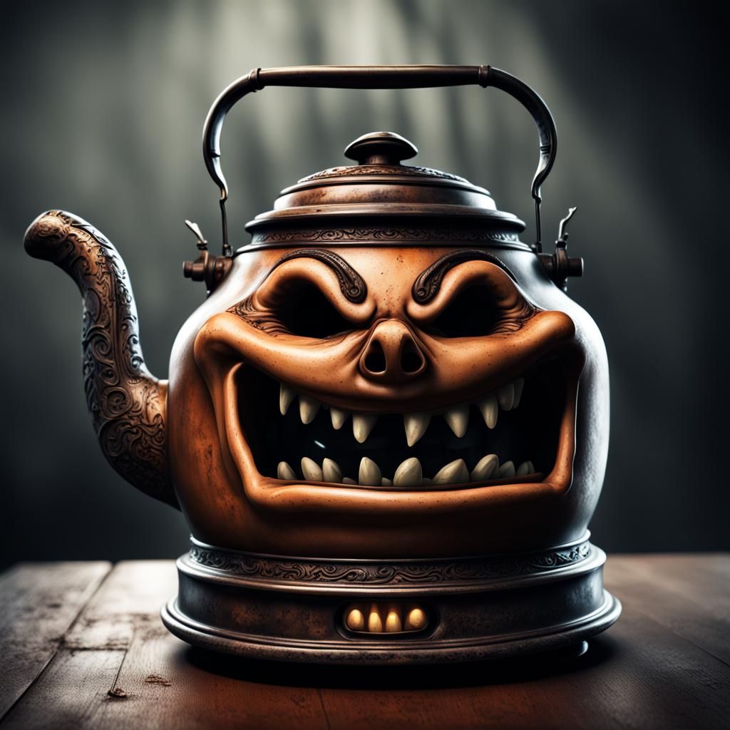 Hyperrealistic Spooky Kettle with Huge Grin