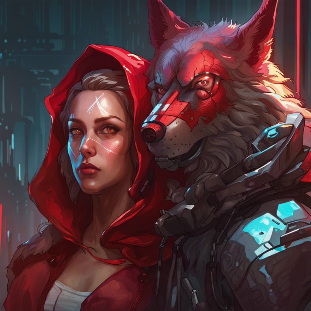 Cyberpunk Little Red Riding Hood and Cyborg Wolf