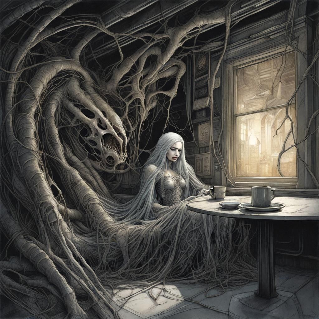 Sleeping Beauty drinking coffee  after waking up from her lo...