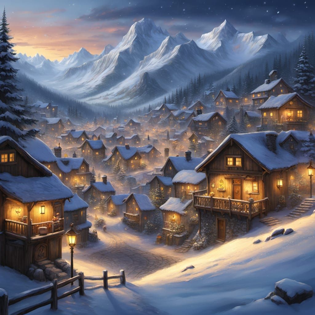 Snowy Alpine Village Aglow with Lanterns at Night