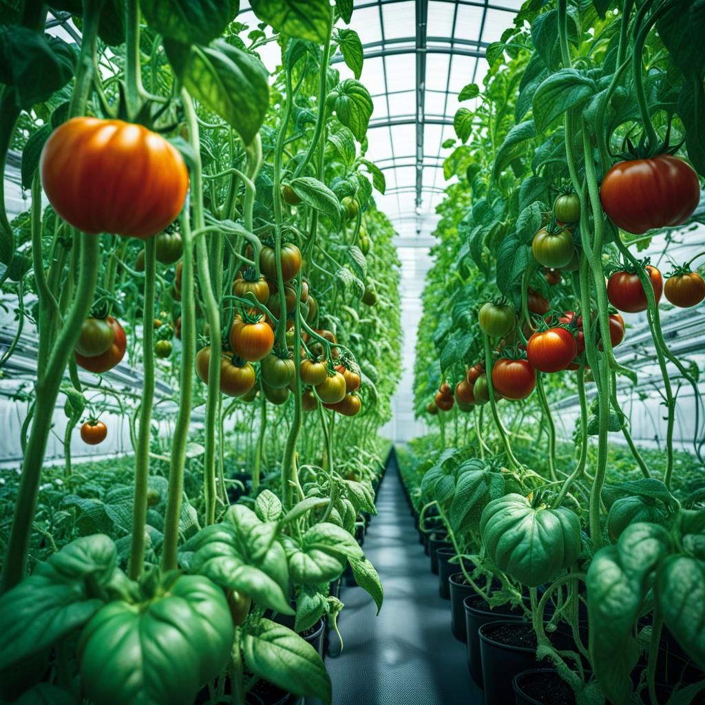 The tomato plants grows wild in the hydroponics greenhouse o...