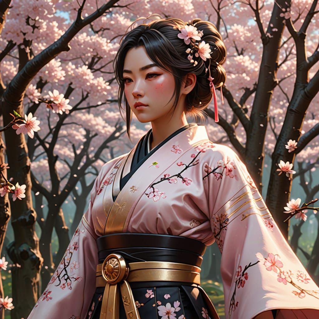 Anime Samurai Girl in Jugendstil Cherry Blossom Forest