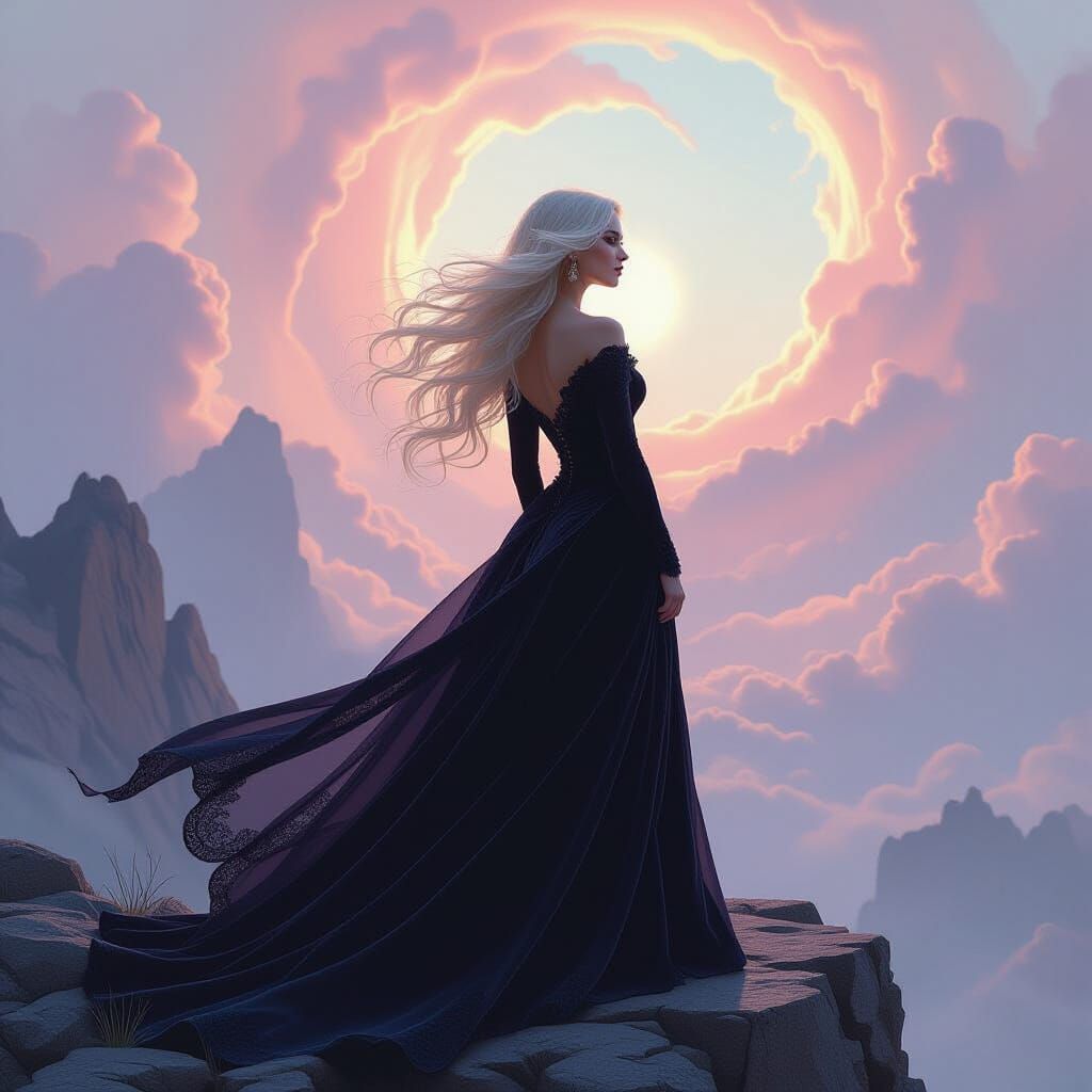 Longing Woman Gazing at Nebula in Dark Fantasy Style