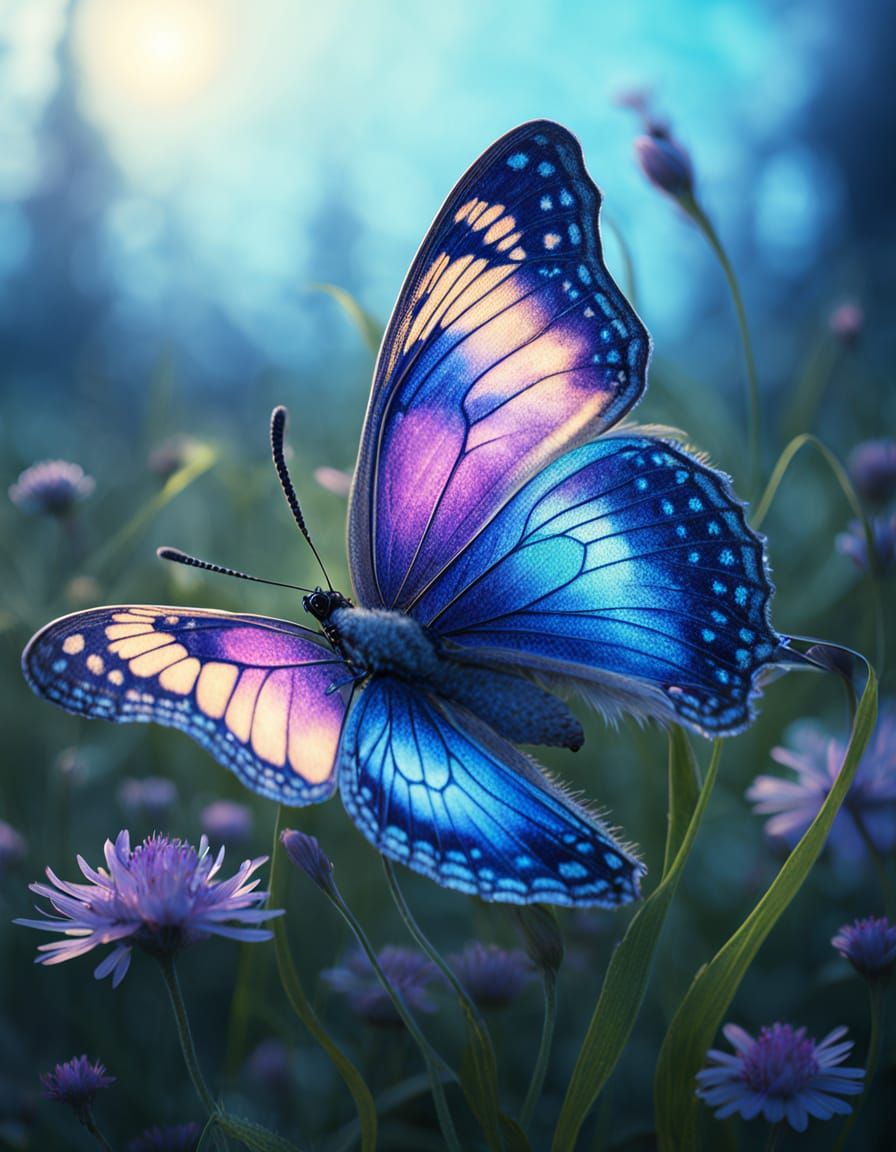 Bioluminescent Butterfly in Misty Meadow, Art Nouveau Style