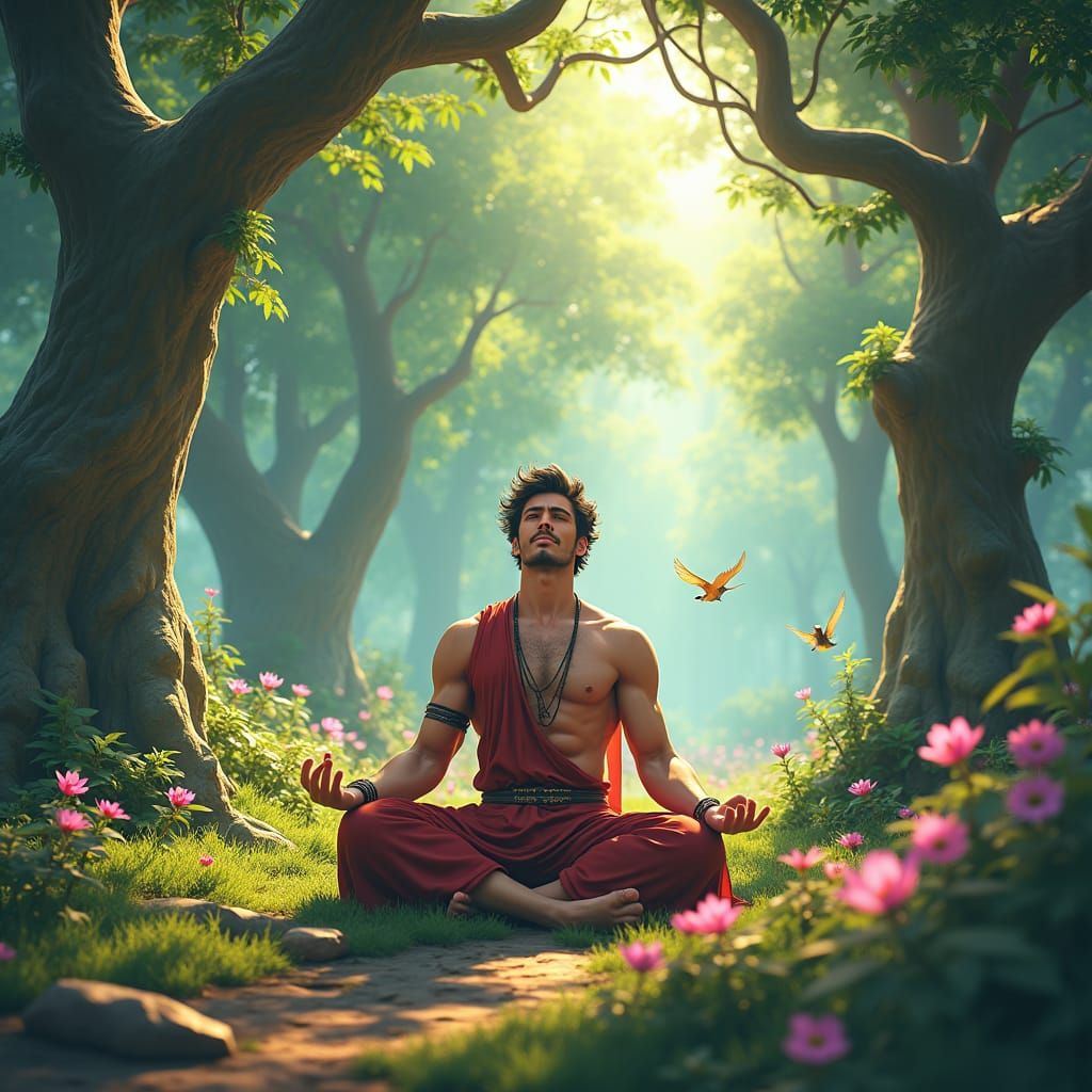 Wise Man Meditating in Enchanted Forest, Anime Art
