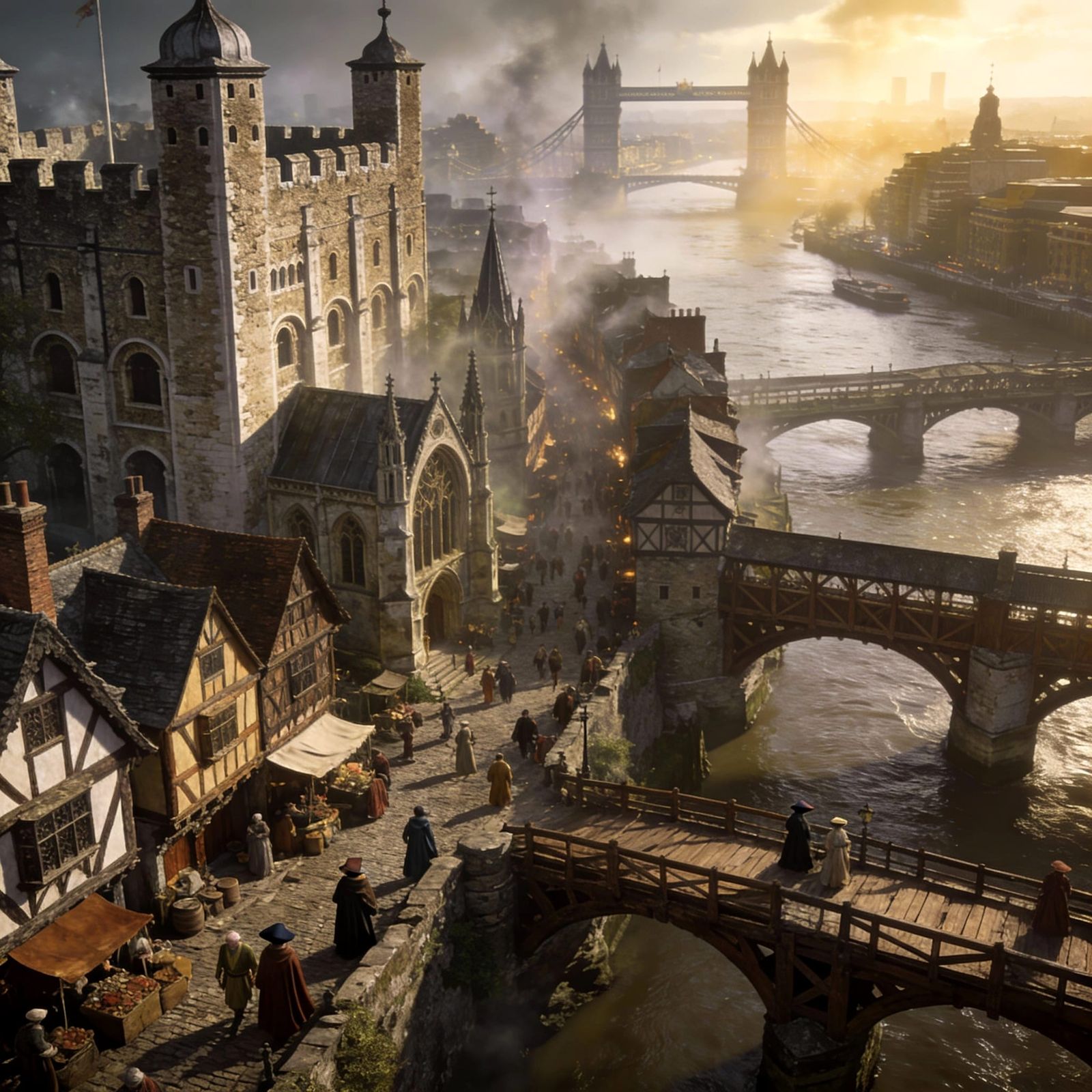 Medieval London Aerial View with Thames River