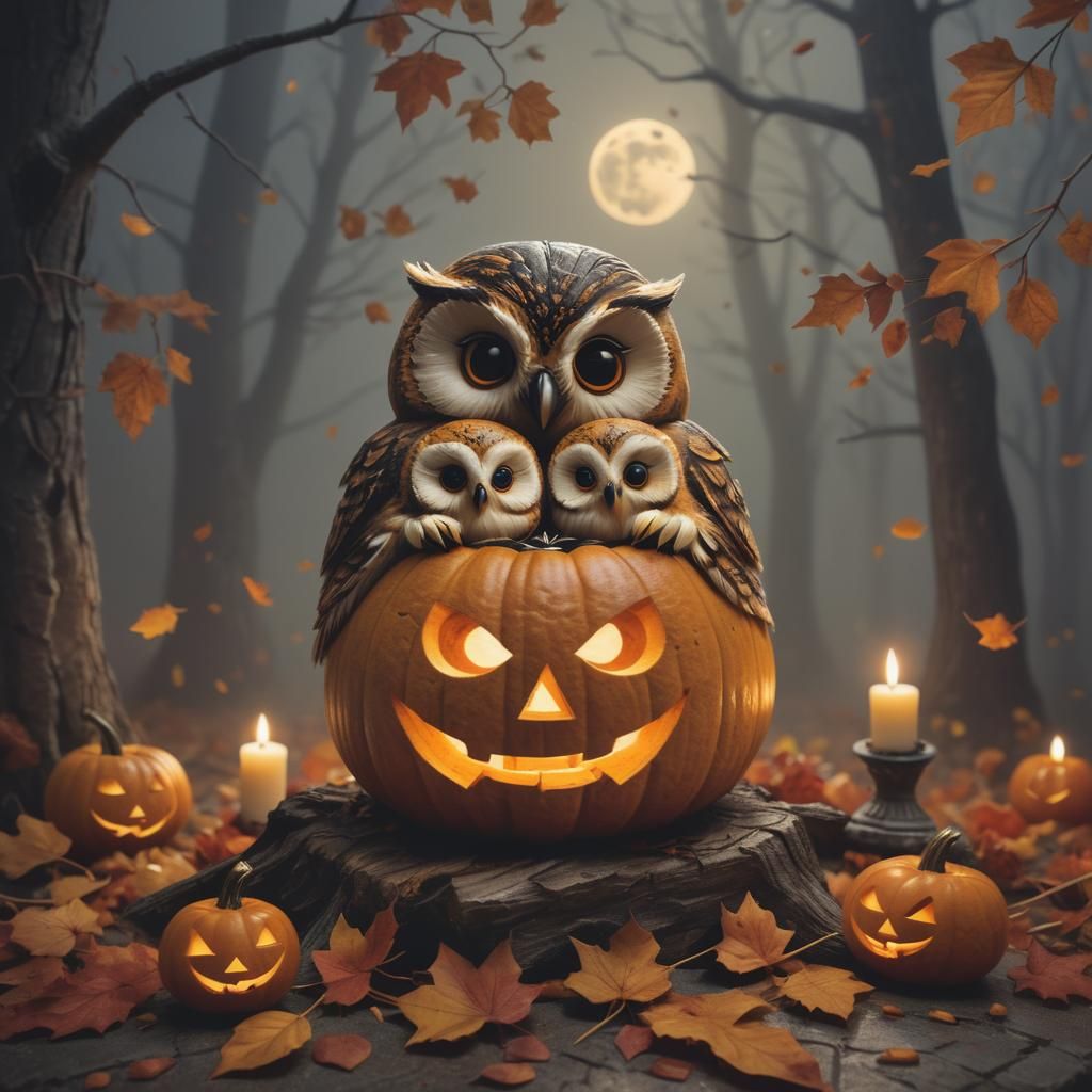 Baby Owls Carving Jack-o'-Lantern on Halloween