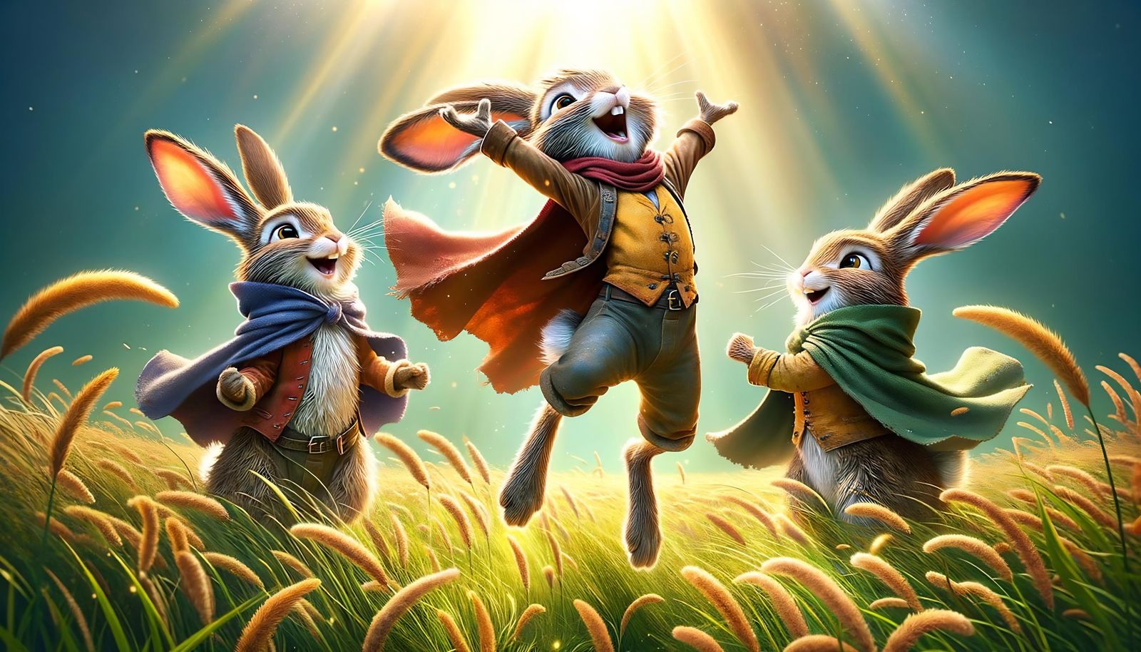 Joyful Anthropomorphic Rabbits in Sunlit Meadow