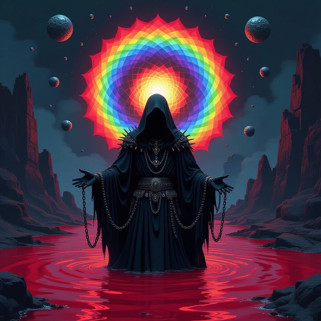 Gothic Cenobite Emerges from Red River in Maximalist Style