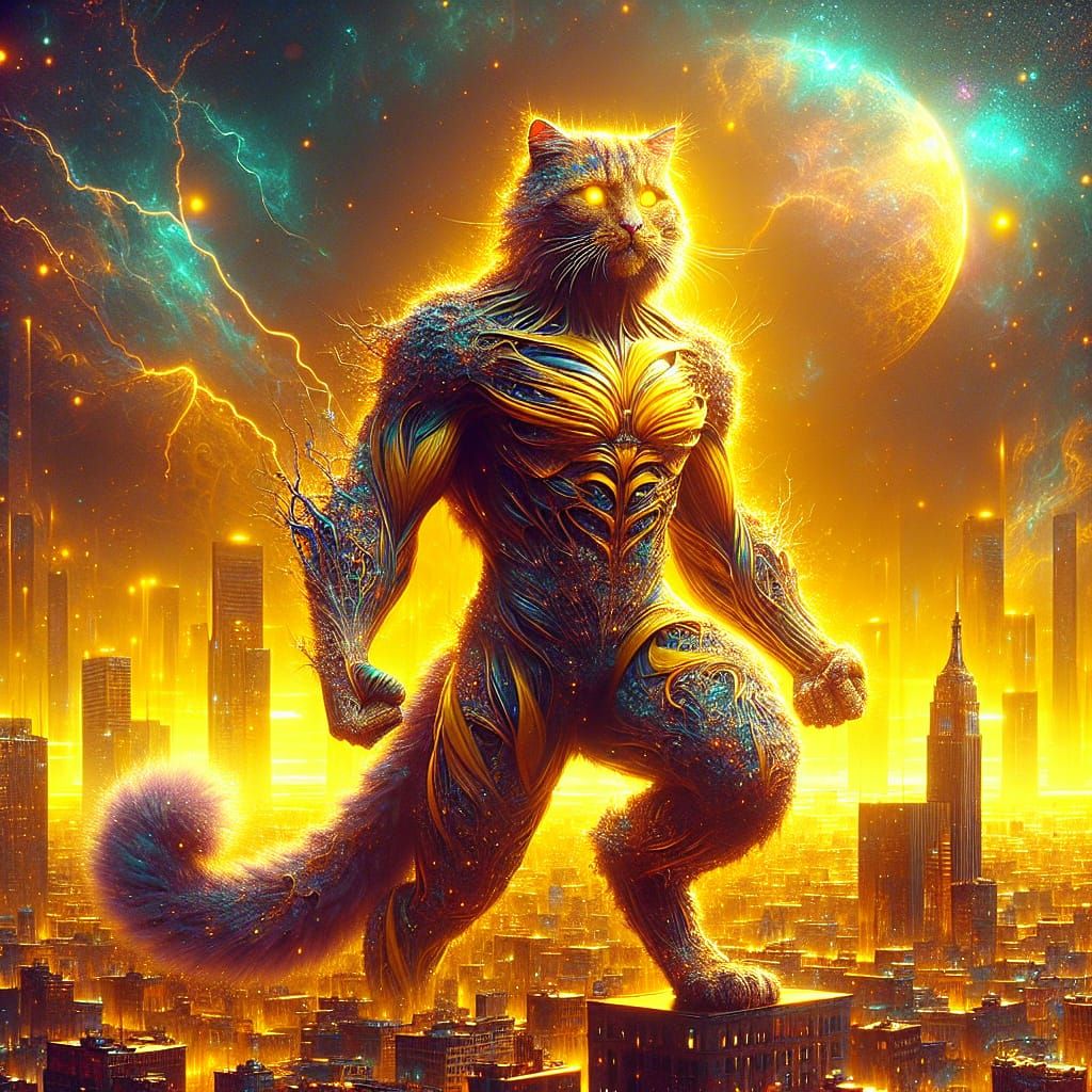 Feline Superhero Fusion in a Matte Landscape