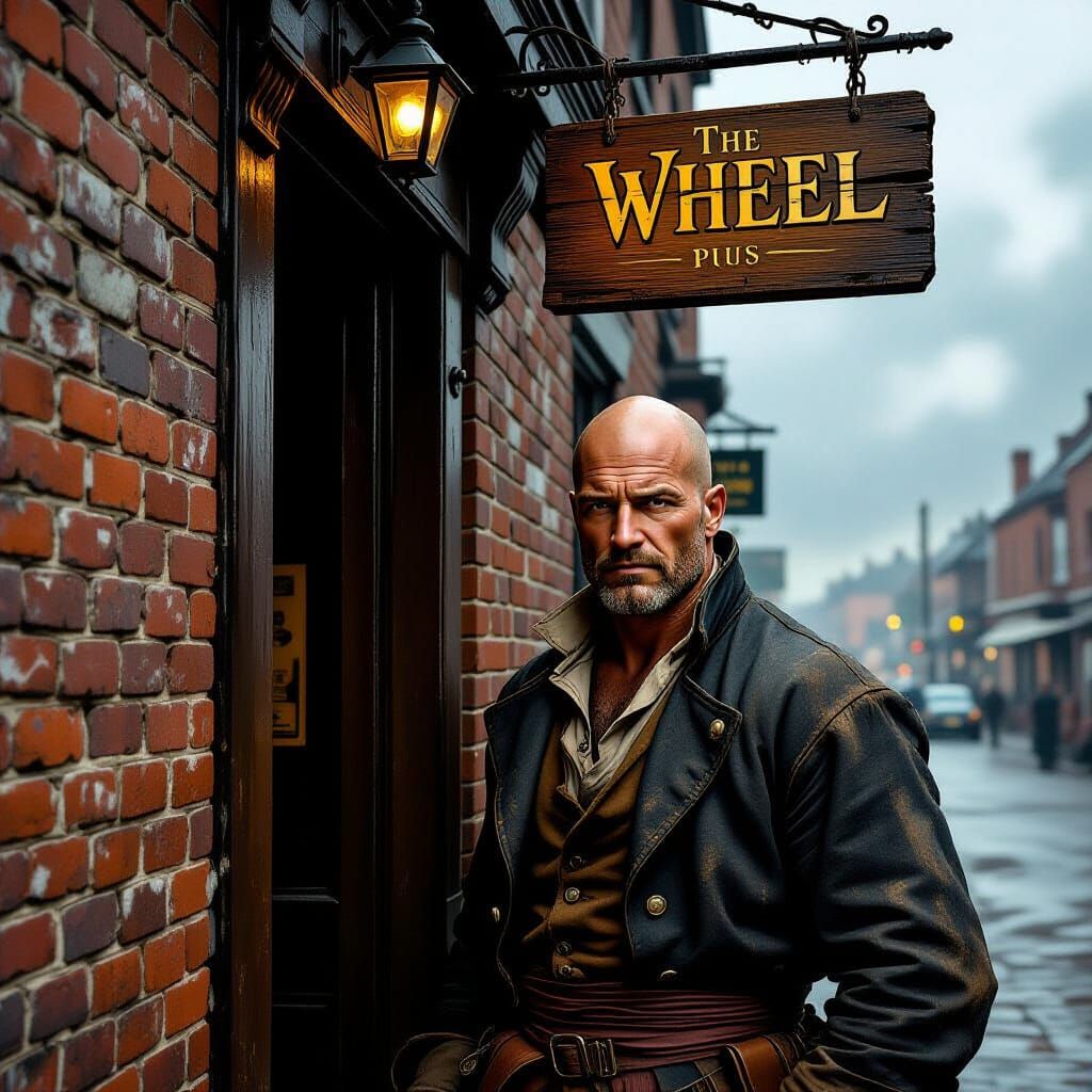 Sailor Outside Rustic Pub in Realistic Painterly Style