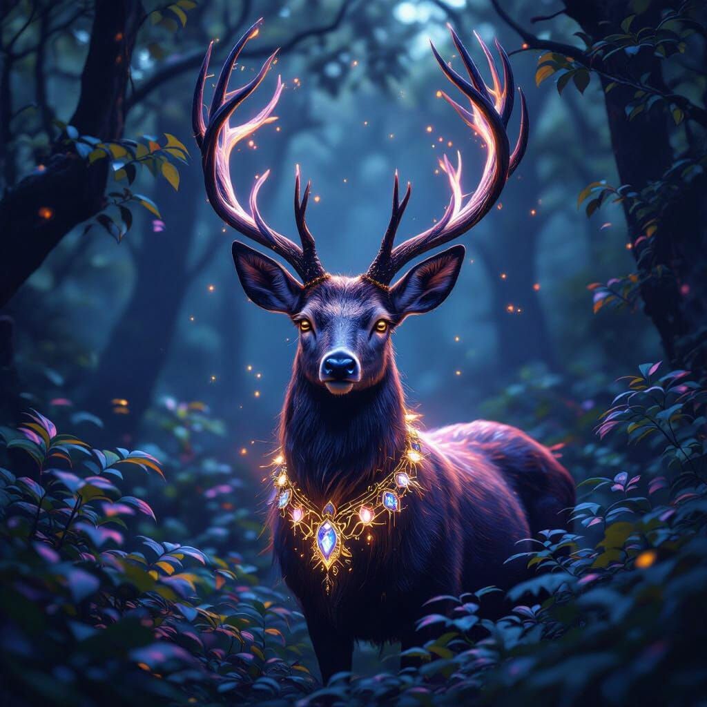 Mystical Deer in Dark Forest with Fey Magic