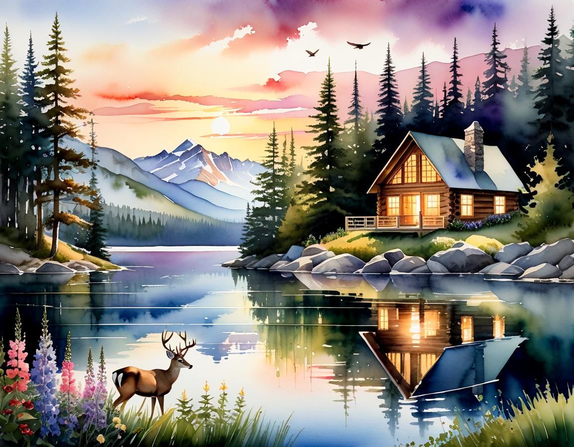 Serene Mountain Lake Sunset in Watercolor
