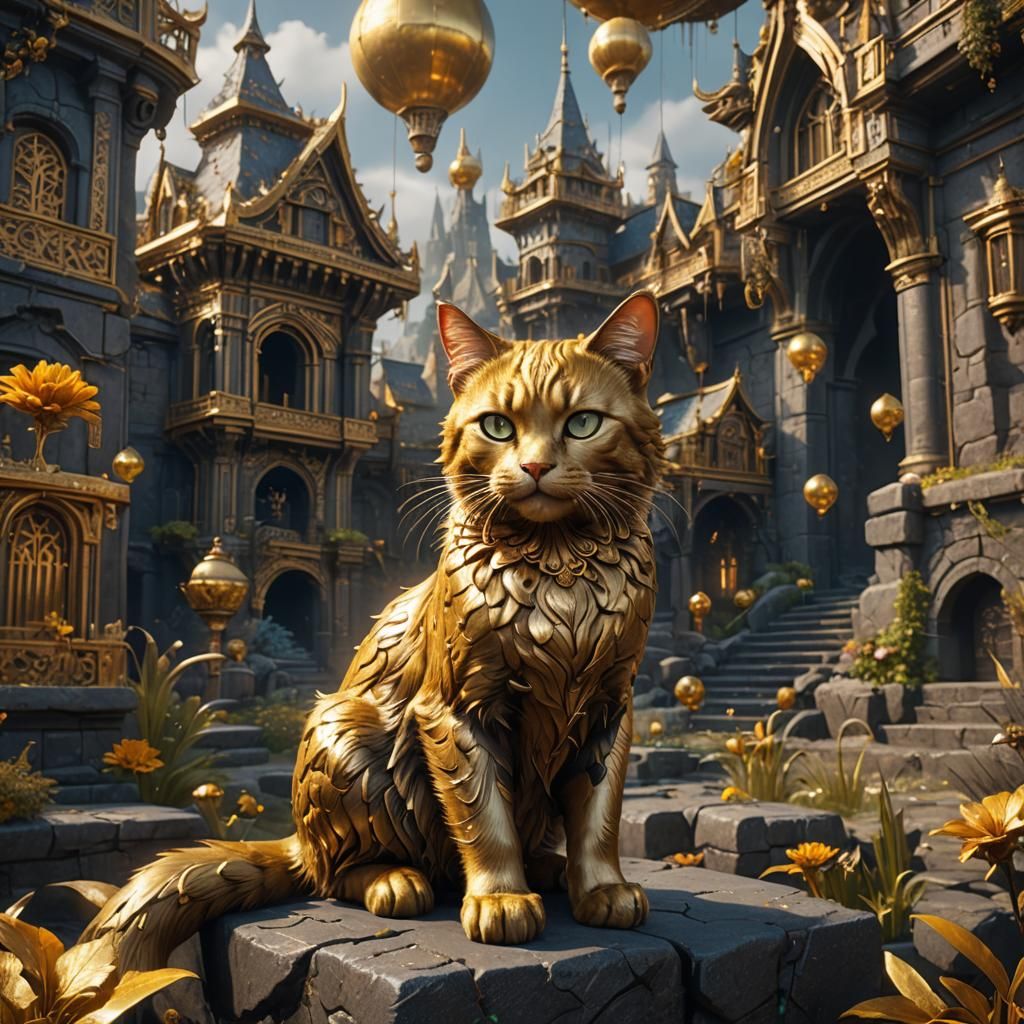 Fantastical Gold Cat in Detailed Matte Painting