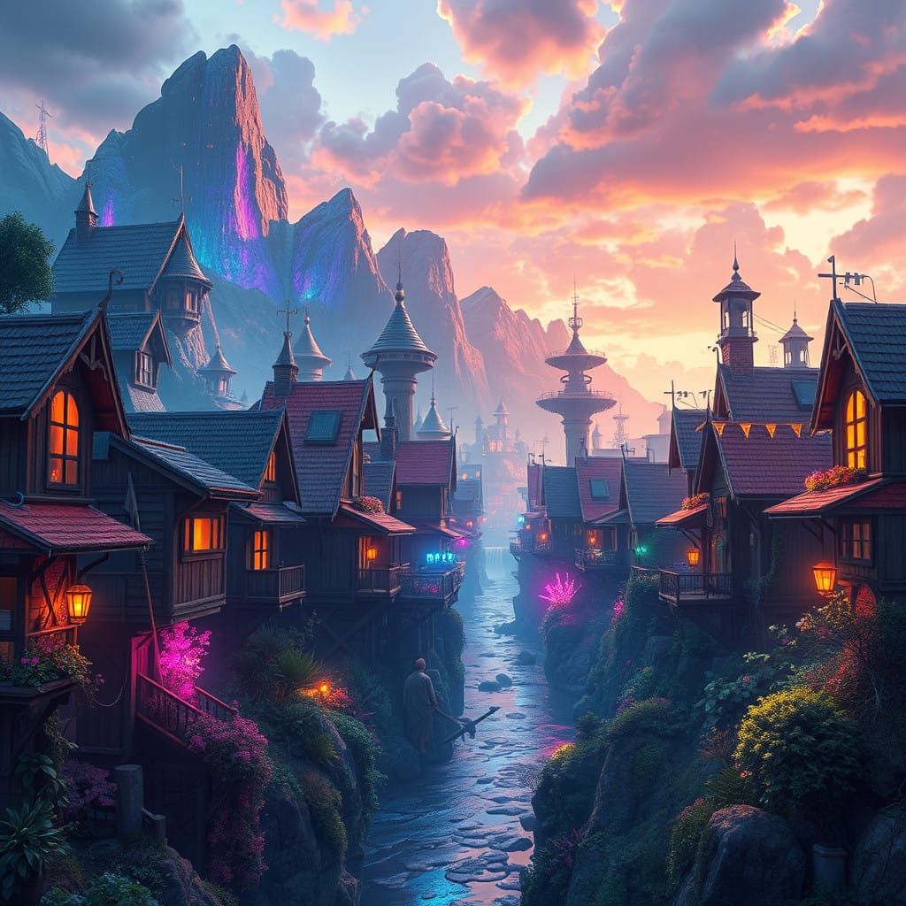 Vibrant Cyber Village Radiates Futuristic Harmony