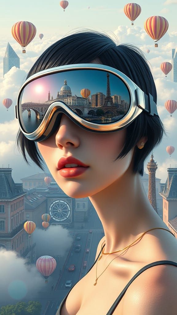Surrealistic Futuristic Goddess in Mirrored Goggles with Flo...