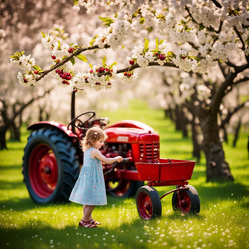 Girls Playing Under Cherry Blossom Trees in Orchard