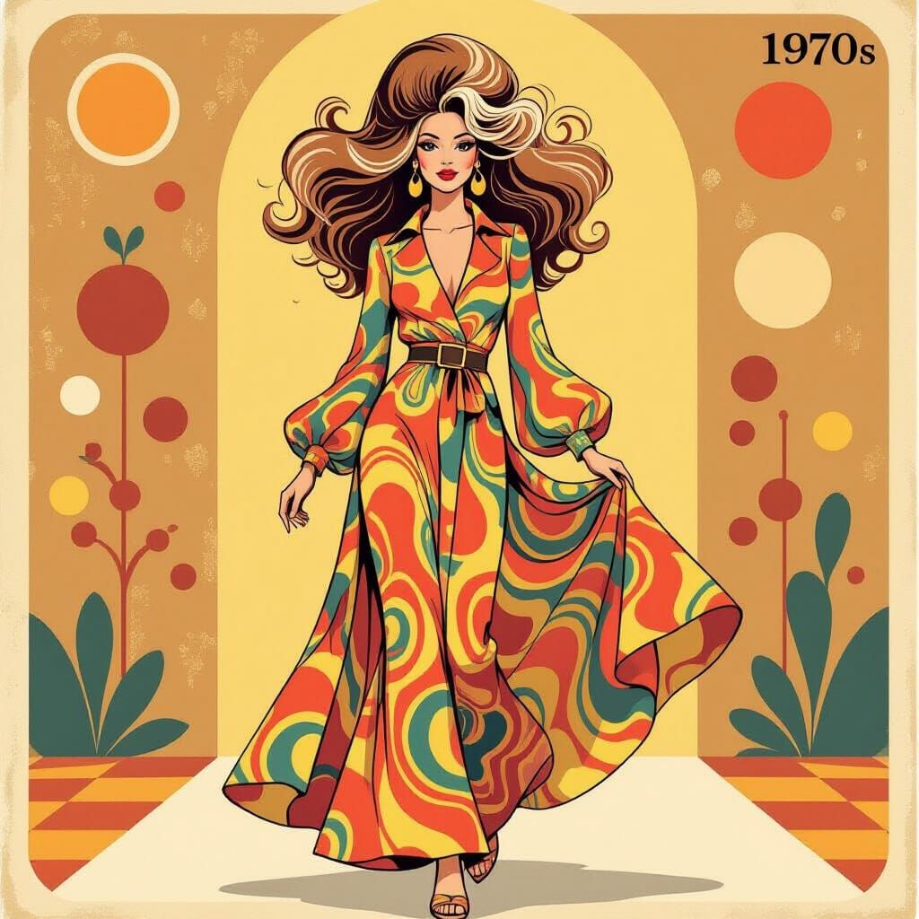 1970s Fashion Model in Psychedelic Dress
