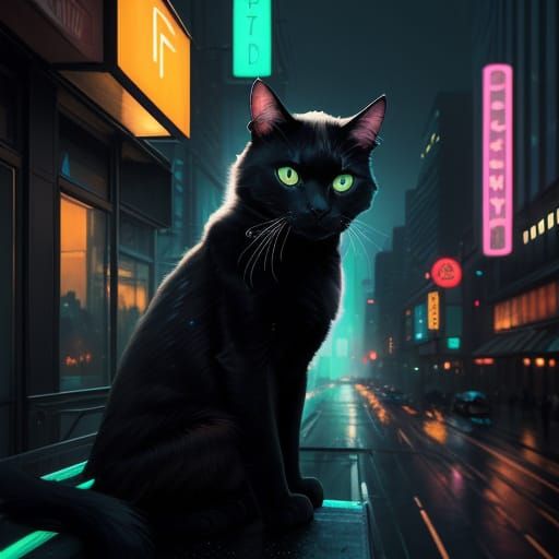 Black Cat Overlooking Cityscape at Dusk