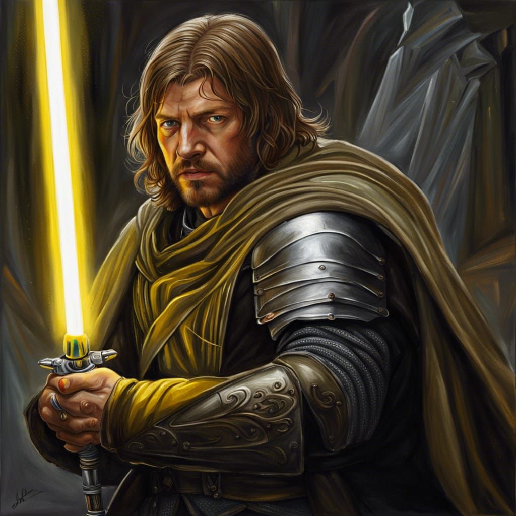 Boromir with Yellow Lightsaber: Detailed Digital Art