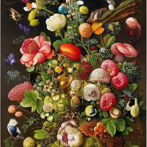 Surreal Fungi and Flowers with Birds in Magical Realism