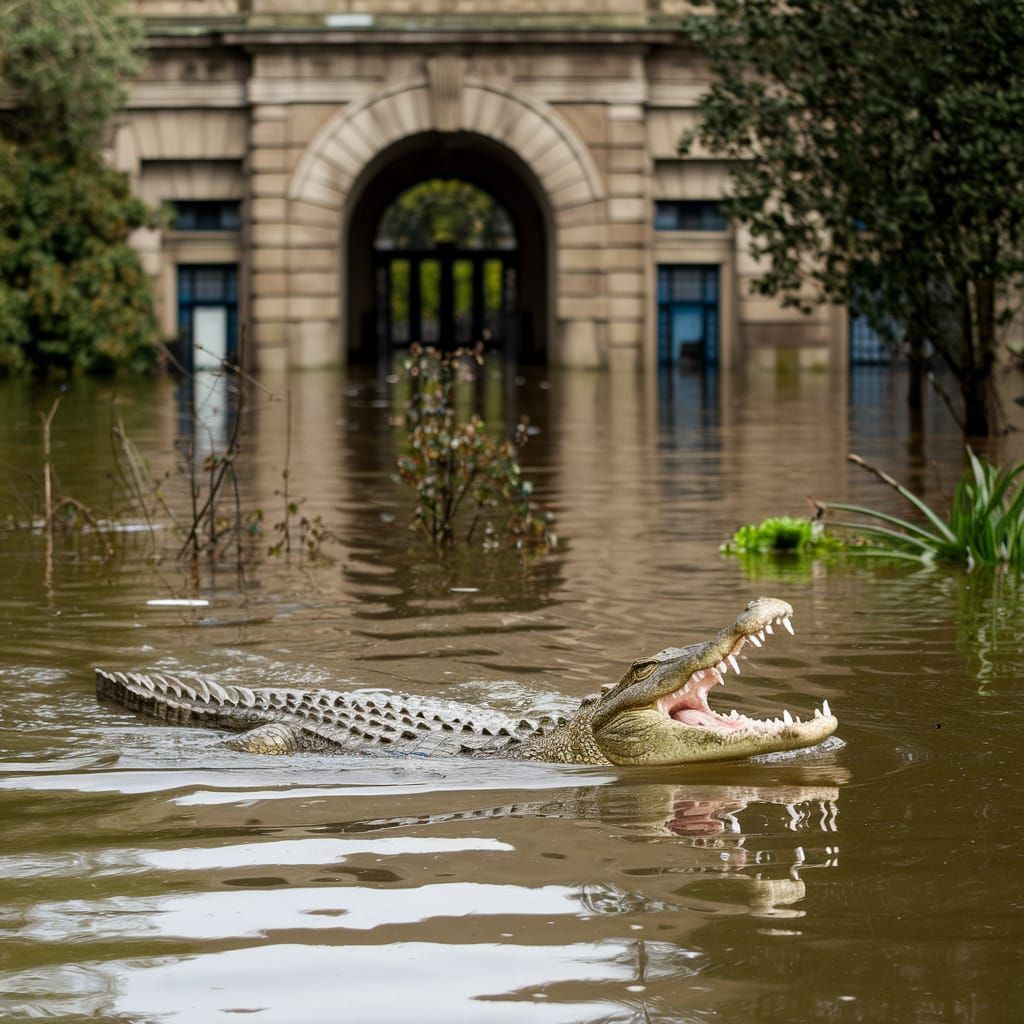 Crocodile Escapes Flooded London Zoo in Surreal Photo