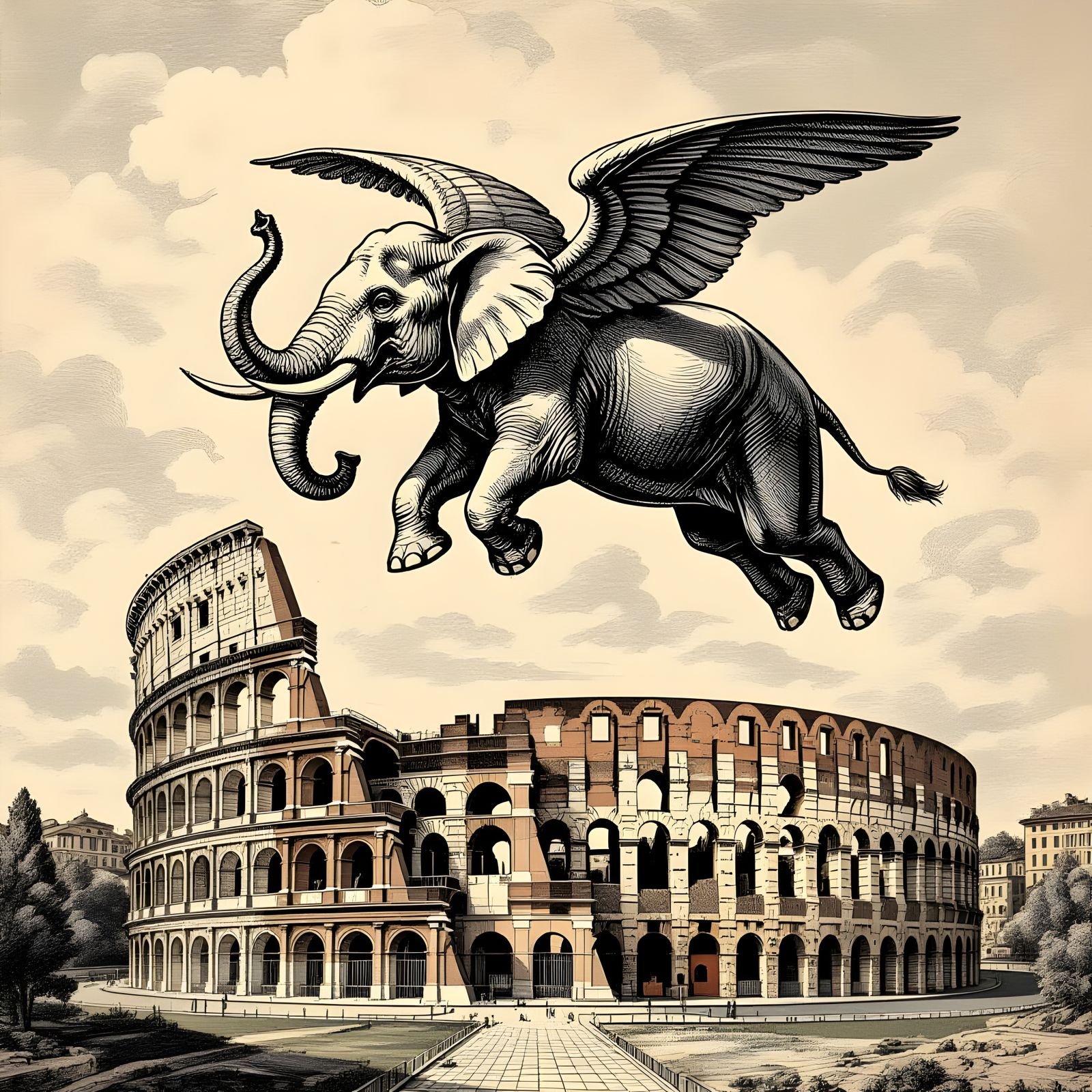 Elephant Flight Over Colosseum in Engraving Style