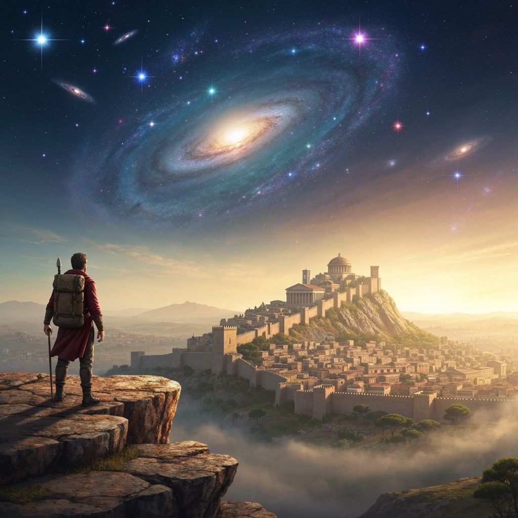 Traveler Views Ancient Roman City Under Cosmic Sky