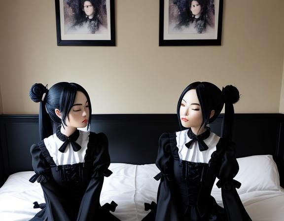Gothic Kitsune Twins Kissing in Bedroom