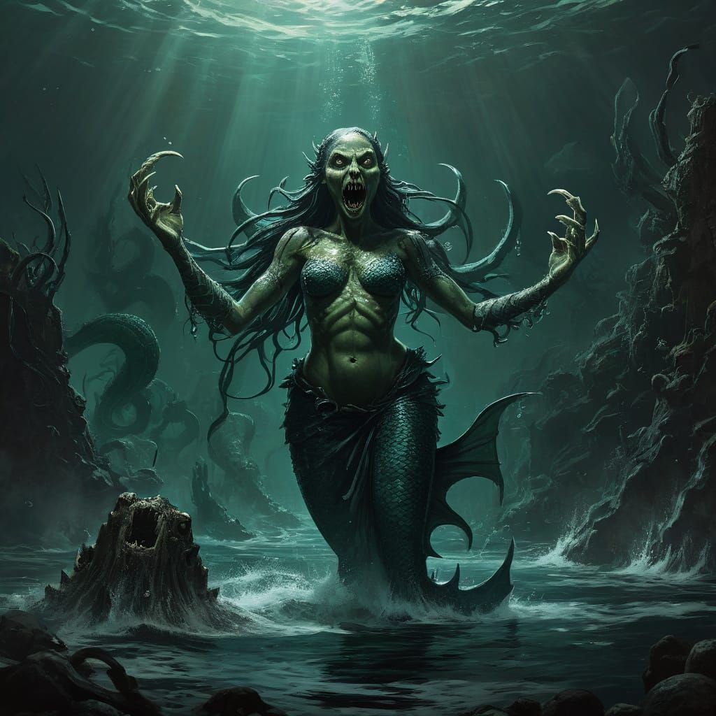 Ethereal Mermaid Awakens in R'lyeh's Dark Depths
