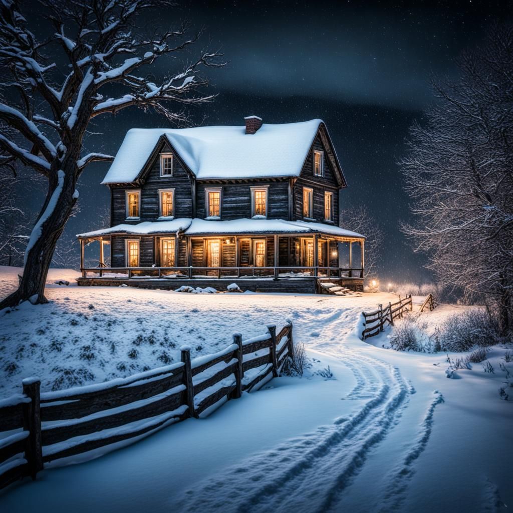 Snowy Christmas Night Farmhouse in a Hollow