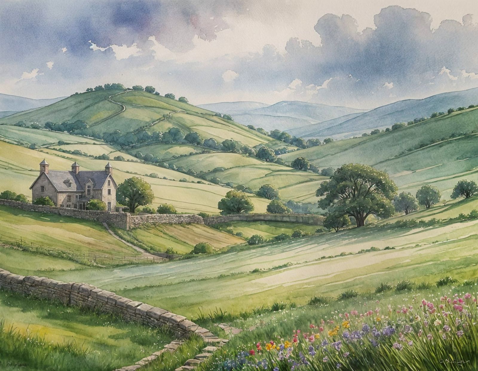 Lush Emerald Hills in Irish Watercolor Style