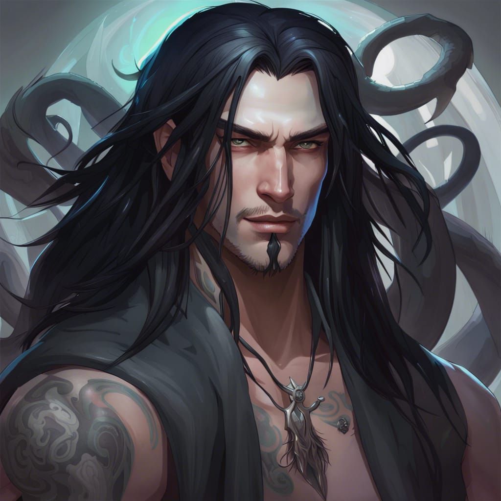 Aasimar Portrait with Tentacle Tattoos, Detailed Concept Art