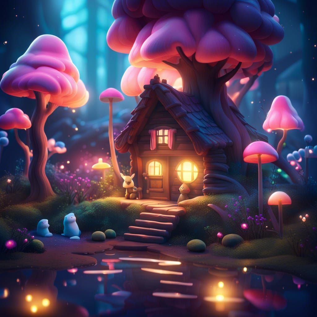 Glowing Cabin in Magical Forest, 3D Render