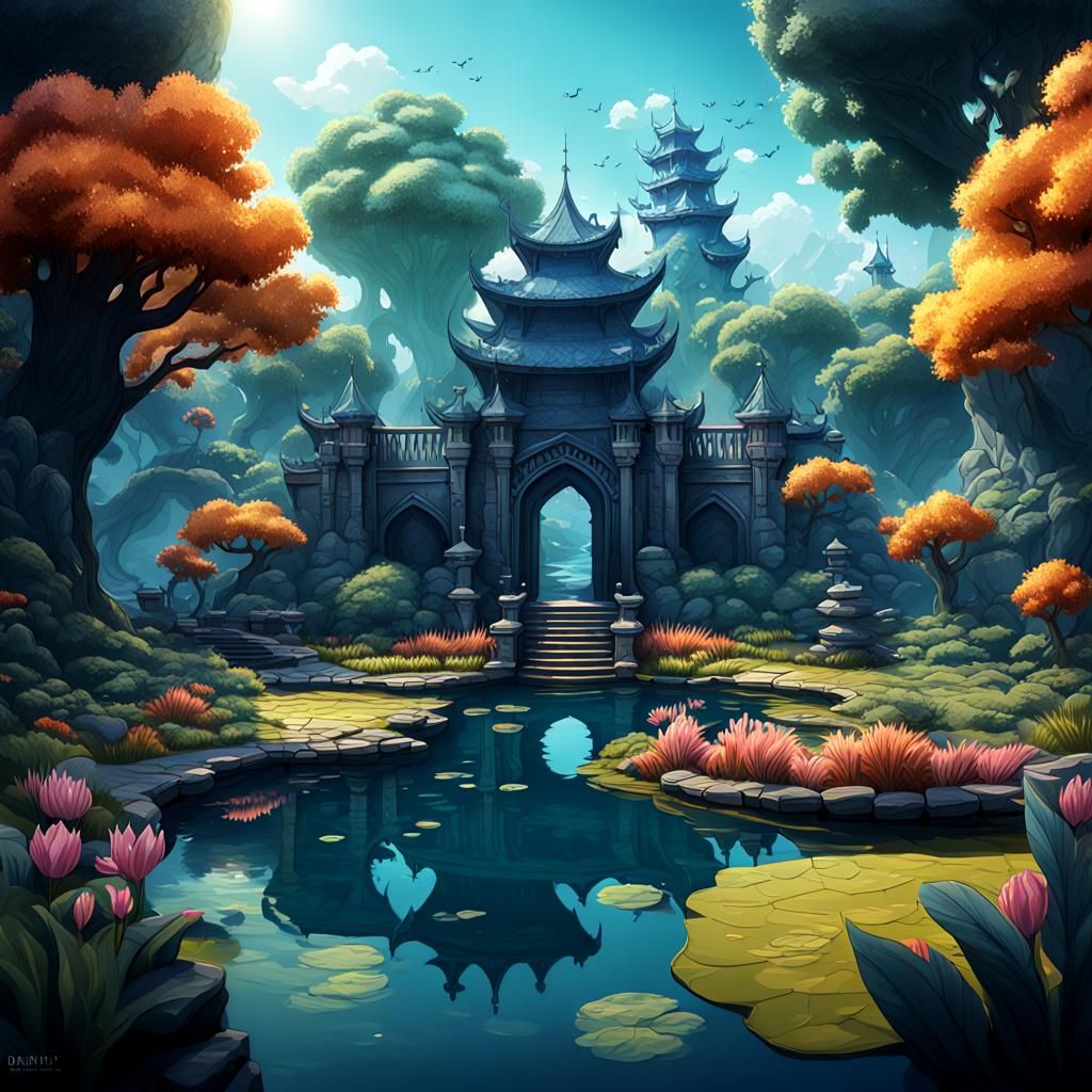 Paper Cutout Effect in Pond: Detailed Matte Painting
