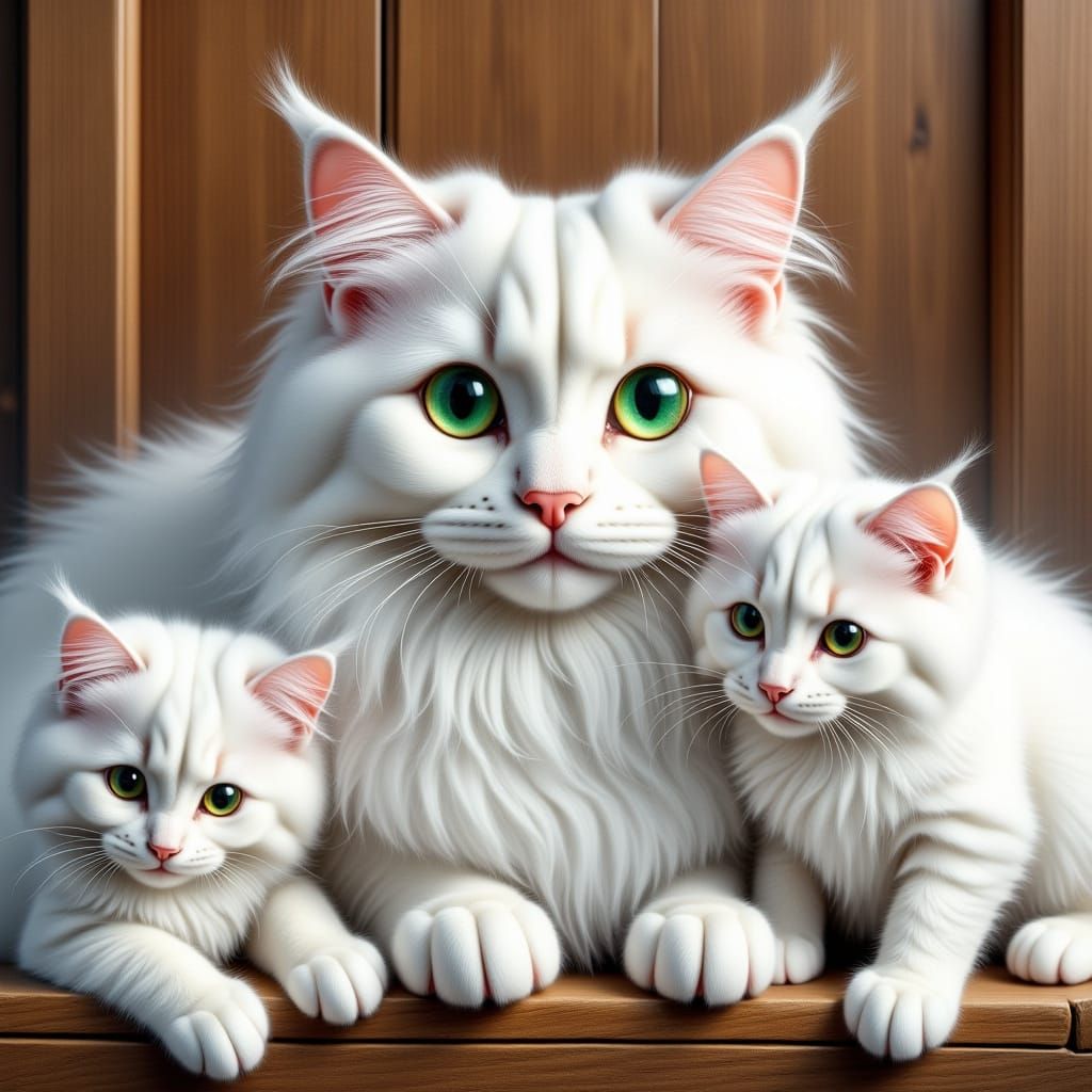 <lora:Langhaarige Katzen:1.0>wood-tile-style image featuring a majestic white Turkish Angora cat with bright green eyes....