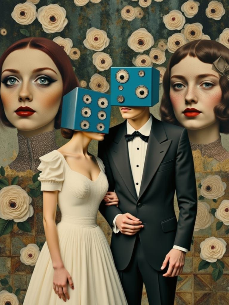Surreal Wedding Couple with Dice Heads in Casino