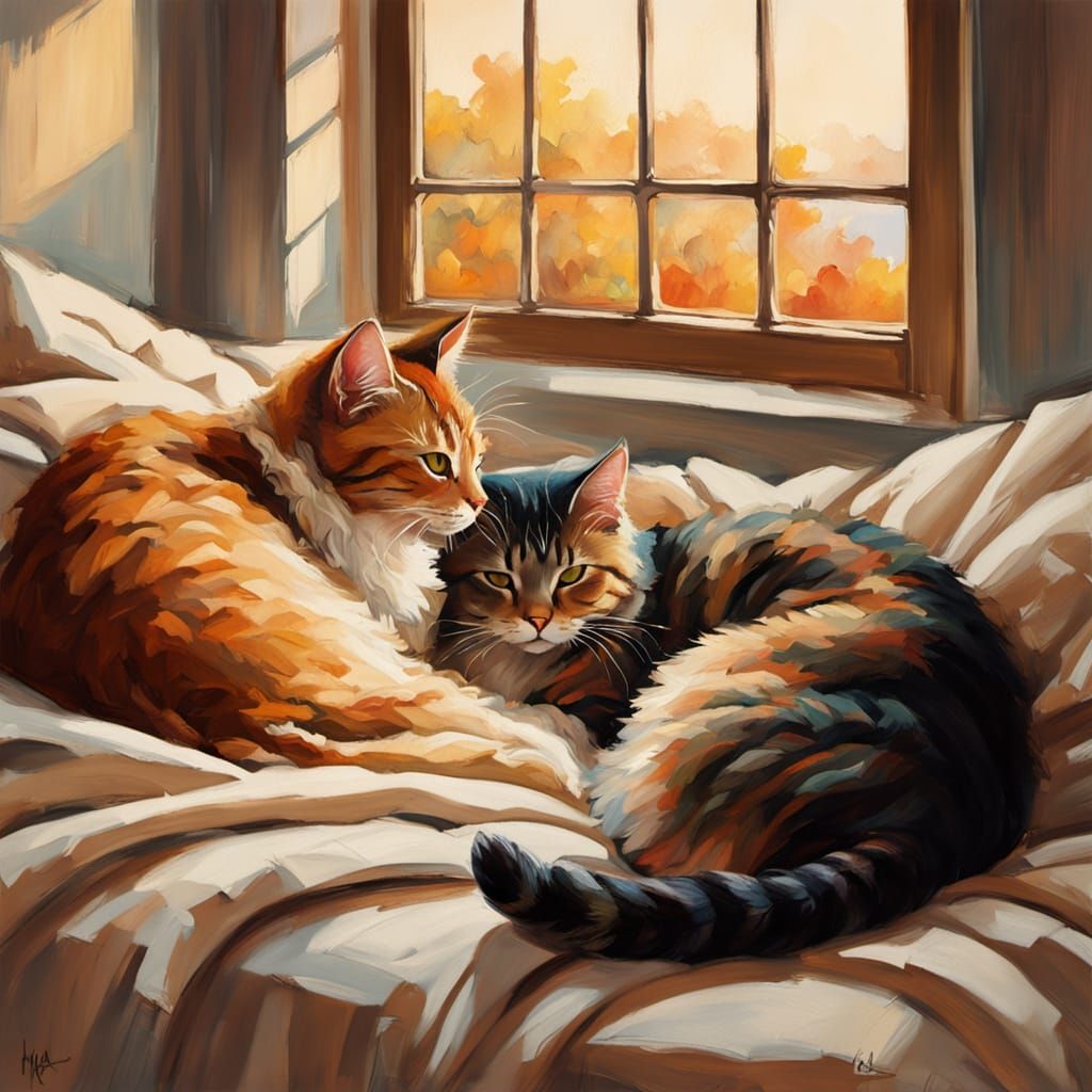 Cozy Cats Sleeping in Warm Bed Oil Painting